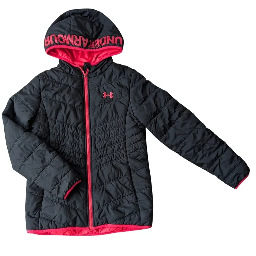 Under Armour‎ ColdGear Hooded Jacket Black Pink Youth YLG Girls Puffer